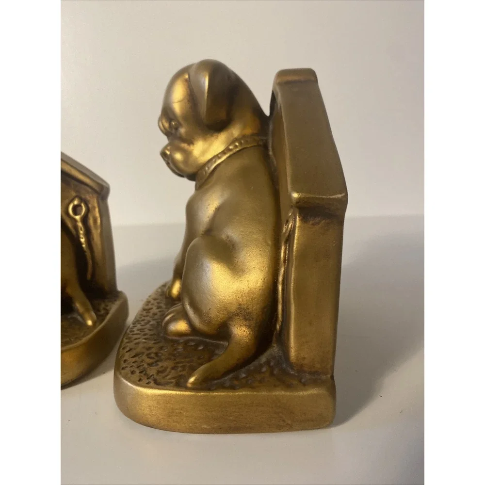 Gold Puppy Doghouse Bookends Vintage Chalkware Mid century